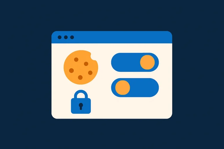 Okno przeglądarki z ciasteczkiem, kłódką i przełącznikami zgód — ilustracja do artykułu o polityce cookies w sklepie internetowym po Prawie komunikacji elektronicznej