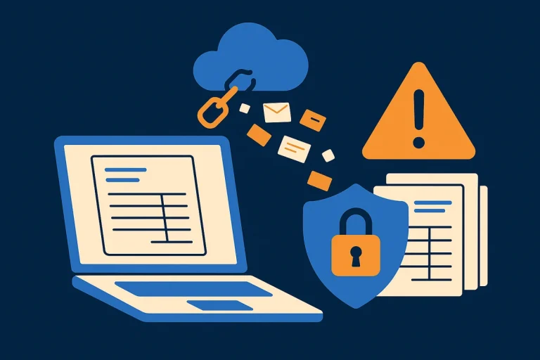 Wyciek danych z Fakturowni — laptop z fakturą, chmura z zerwanym łańcuchem i wylatującymi danymi, znak ostrzegawczy oraz tarcza z kłódką chroniąca dokumenty
